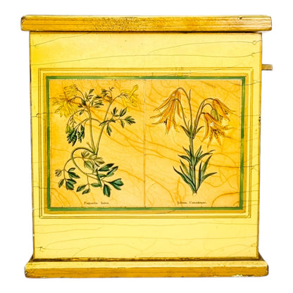Georgian style rustic painted yellow wood storage box with pull out tray and ladybird