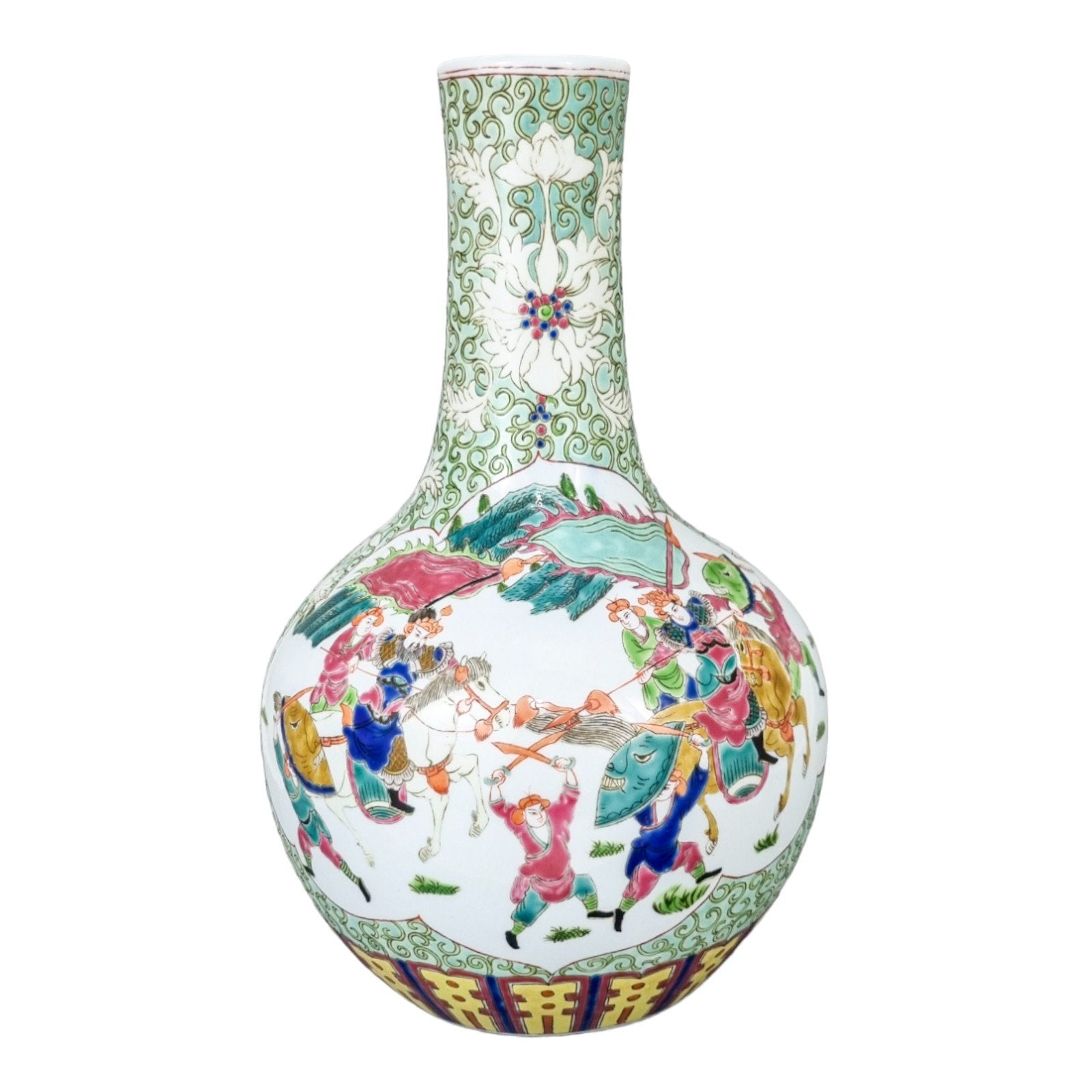 Chinese famille rose porcelain Tianqiuping bottle vase with warrior figures