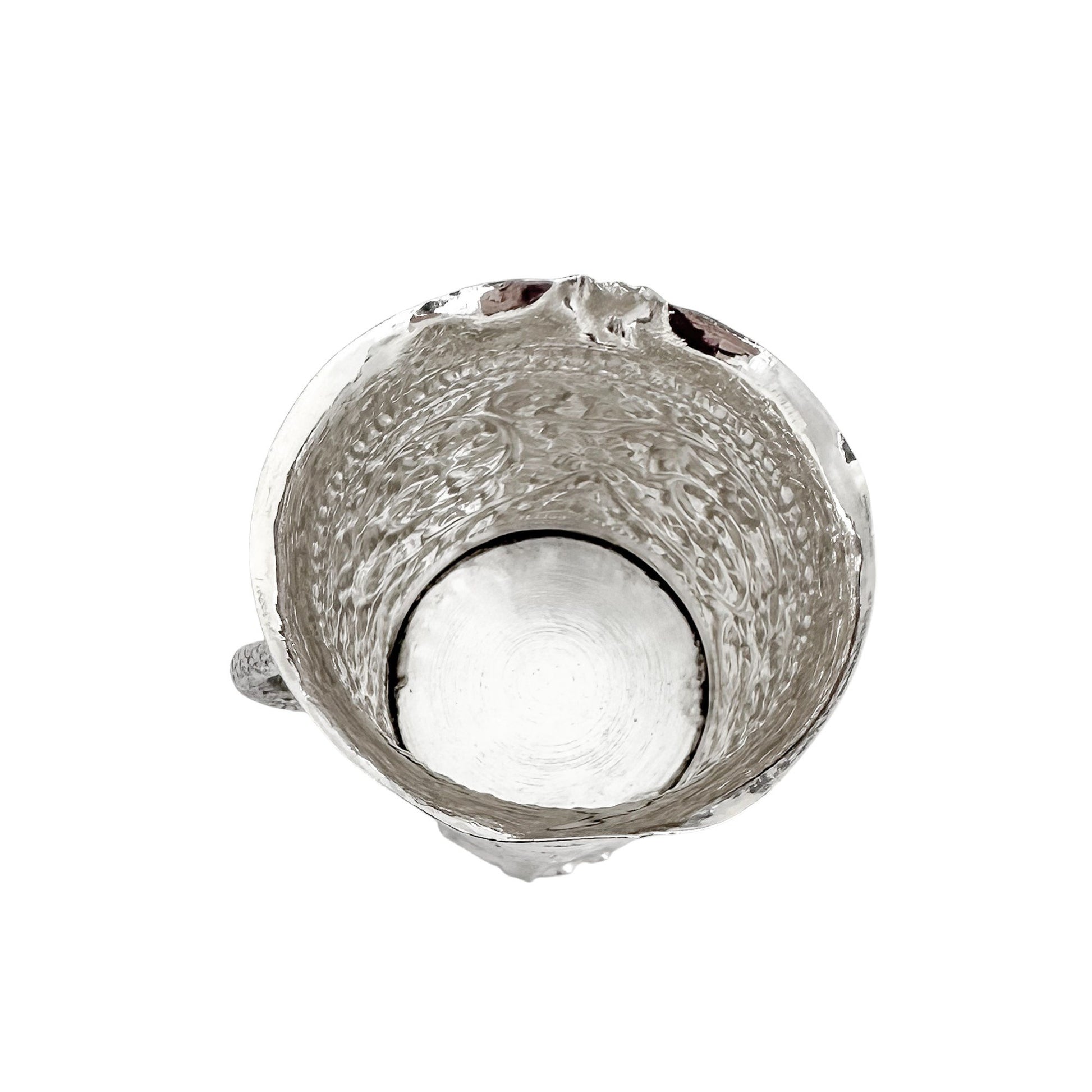 Indian Kutch silver double spirit measure cup with snake handle and flower embossing