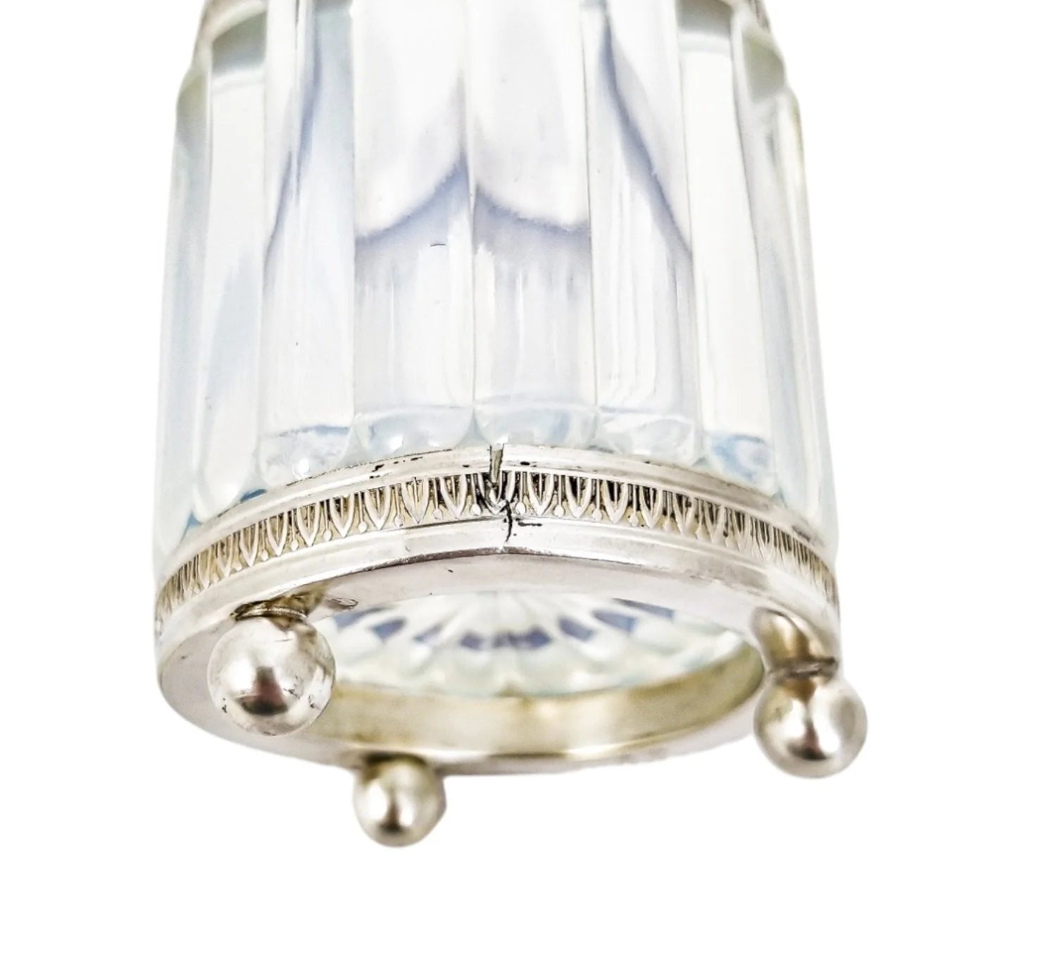 1890's French blue opalescent glass silver plated dressing table pot