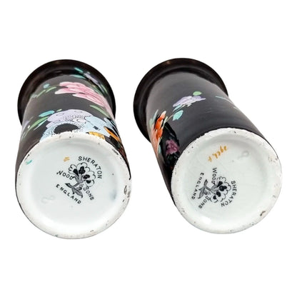 Edwardian Wood & Sons "Sheraton" Chinoiserie polychrome blossom tree cylinder pair of vases