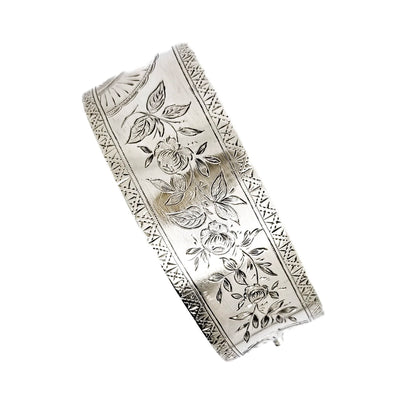 Large Victorian sterling silver Aesthetic cuff bangle / wide bracelet engraved with roses