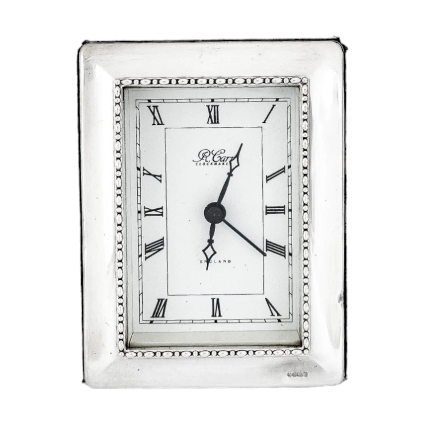 Vintage Carr's Sheffield sterling silver desk table clock with Roman numerals