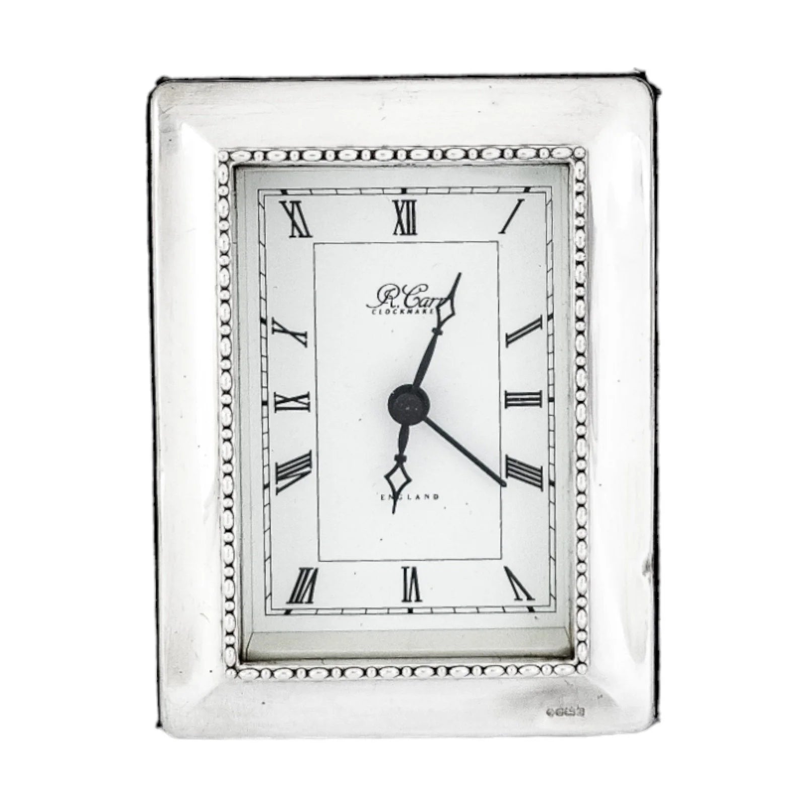 Vintage Carr's Sheffield sterling silver desk table clock with Roman numerals