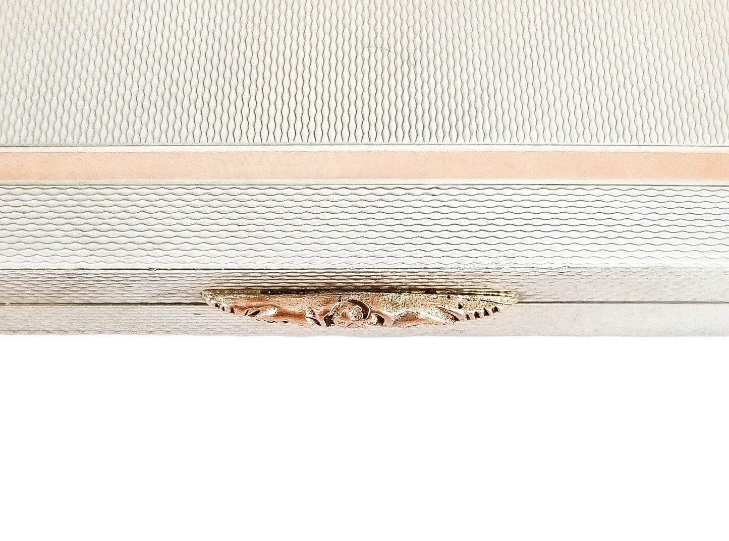 Silver matching cigarette case and powder compact with 9ct rose gold bands and letter "A"