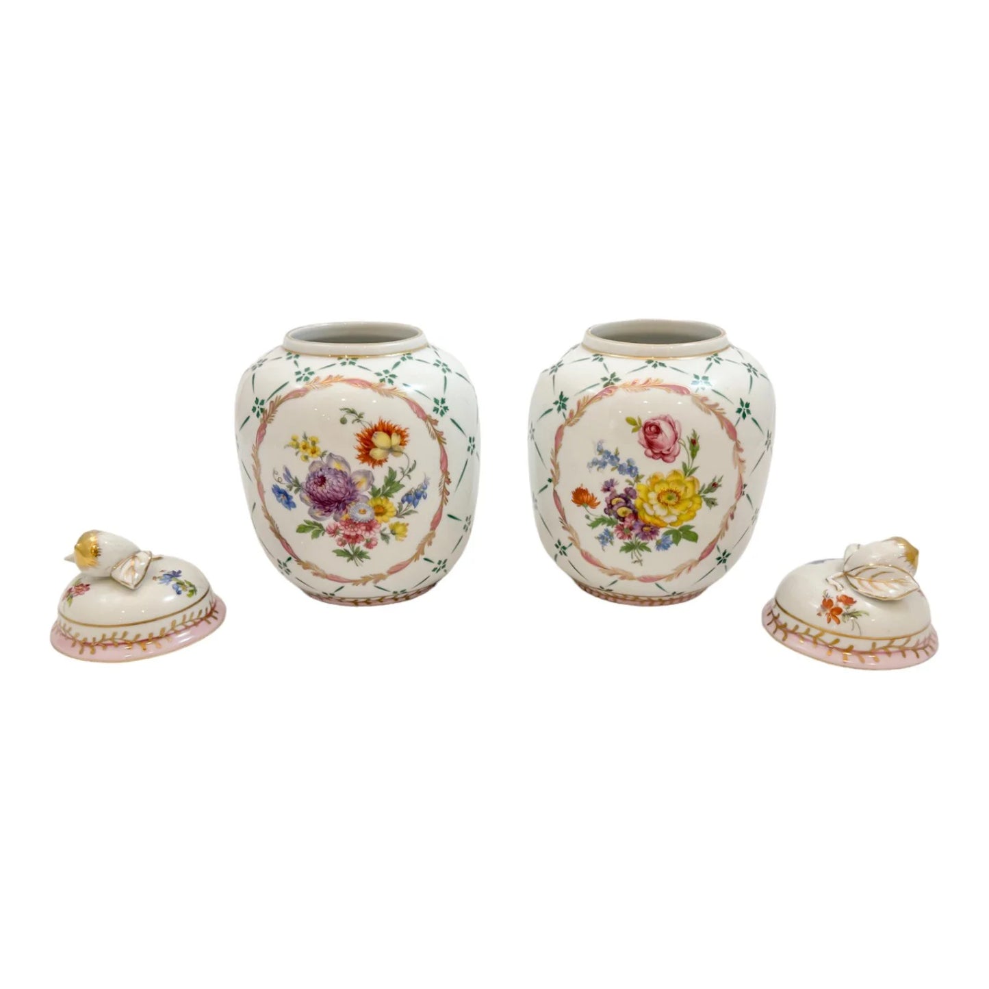 Pair of Royal Europe porcelain ginger jars with moulded lids and hand-painted with flowers