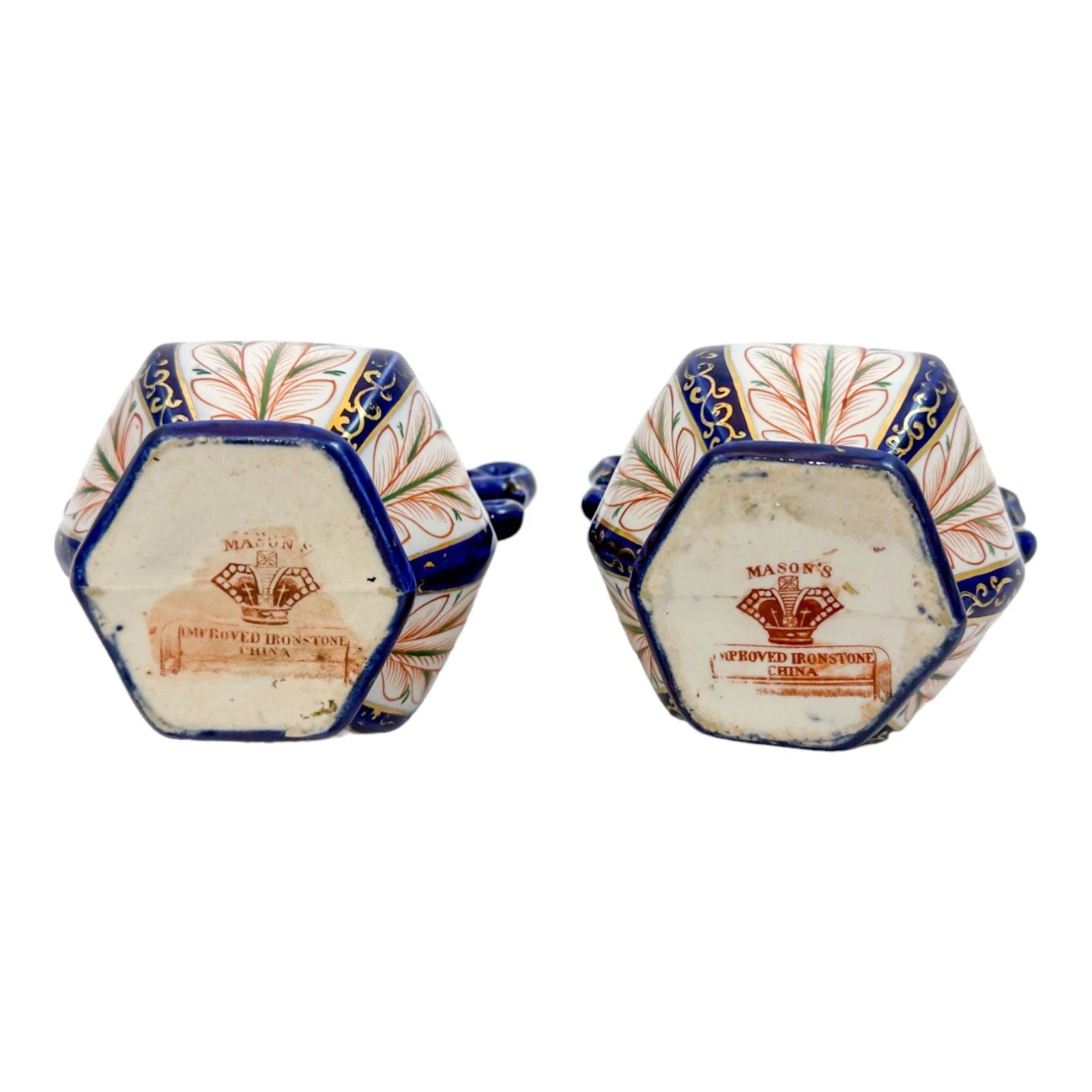 Georgian pair Mason's Ironstone pottery double handled baluster octagonal vases