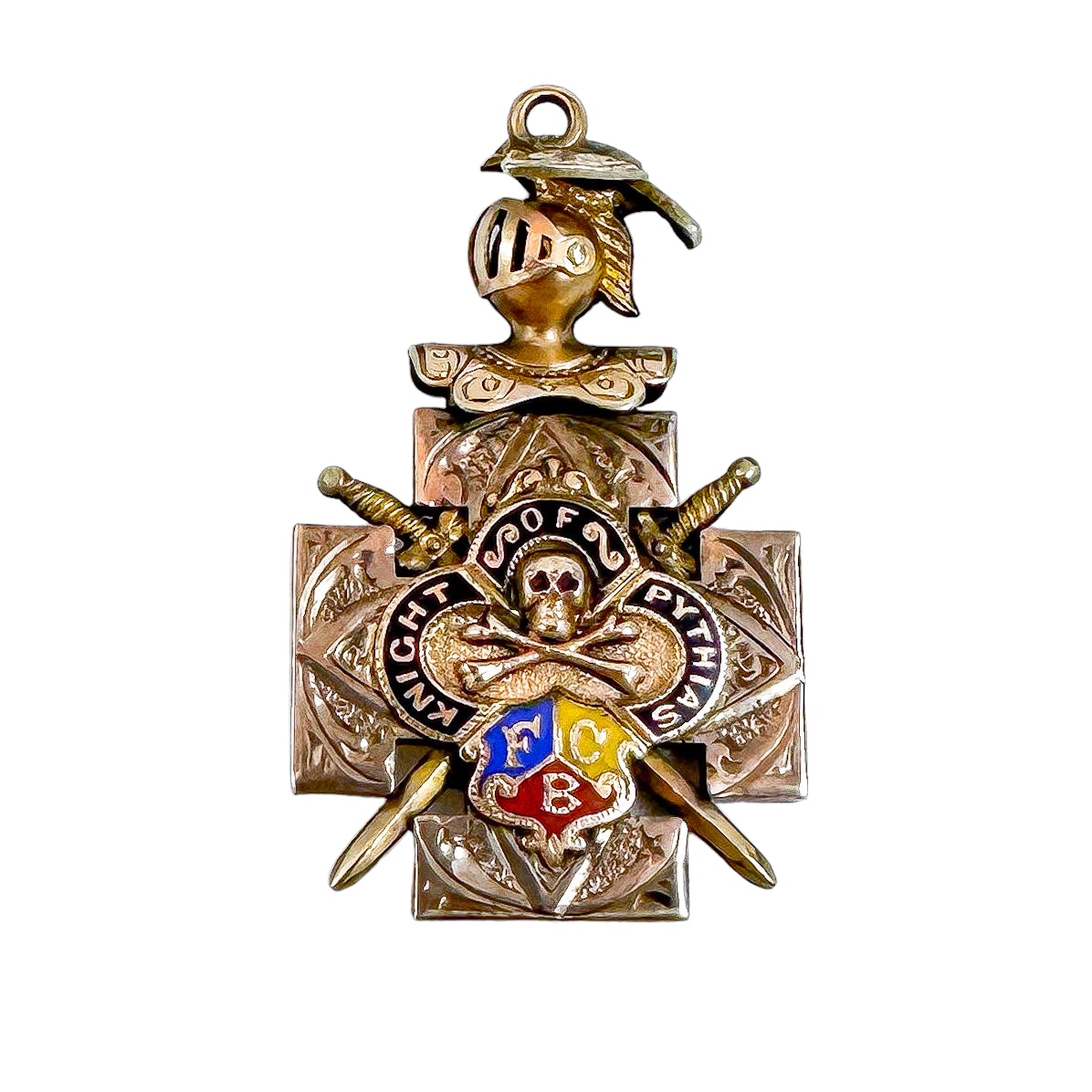 Antique Knights of Pythias 10 ct gold watch fob pendant with ruby skull and crossbones