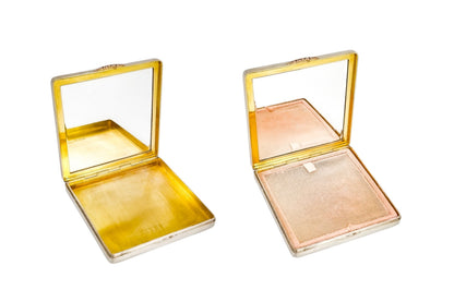 Silver matching cigarette case and powder compact with 9ct rose gold bands and letter "A"