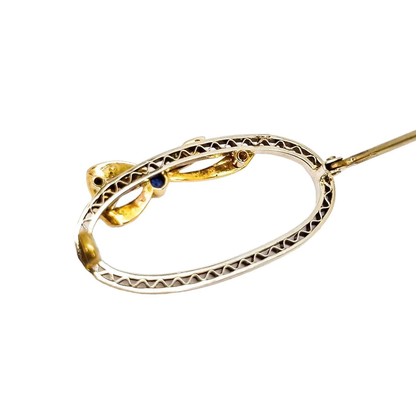 Antique 9ct gold oval openwork brooch with sapphire and seed pearl bow