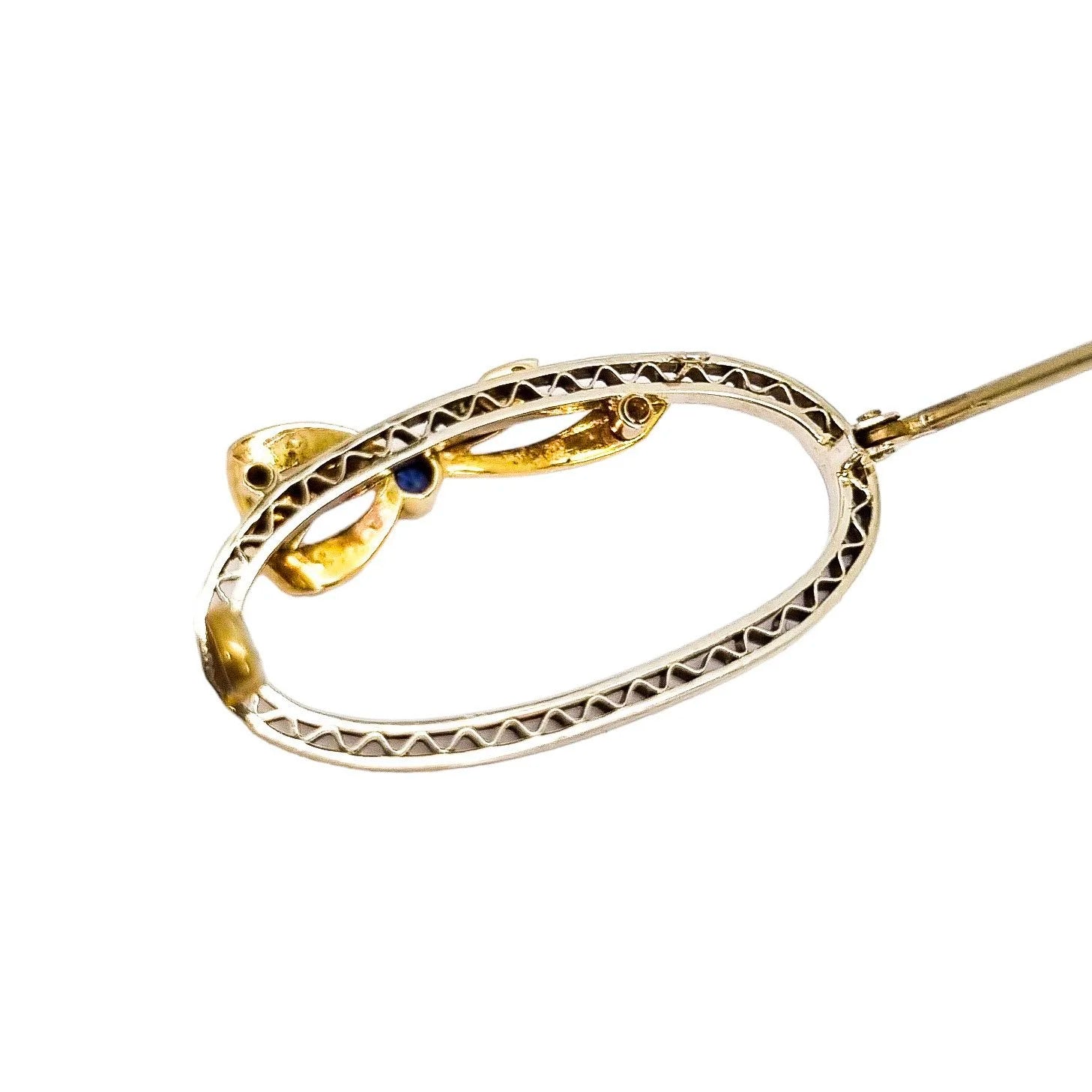 Antique 9ct gold oval openwork brooch with sapphire and seed pearl bow