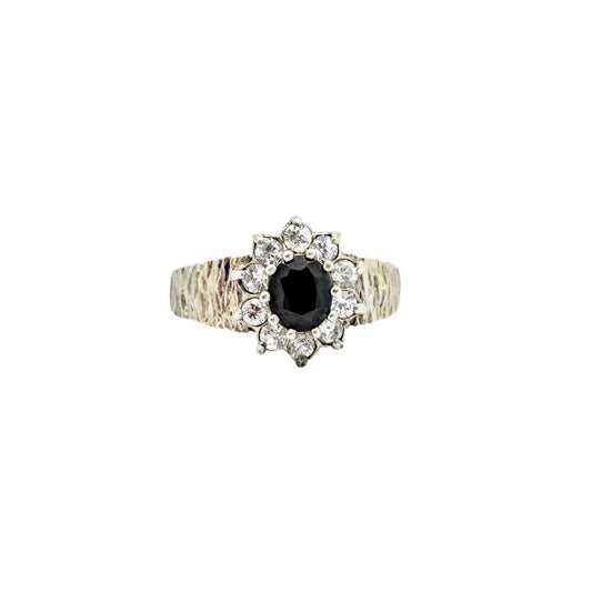 Sterling silver sapphire flower halo cluster ring in Brutalist style, size P