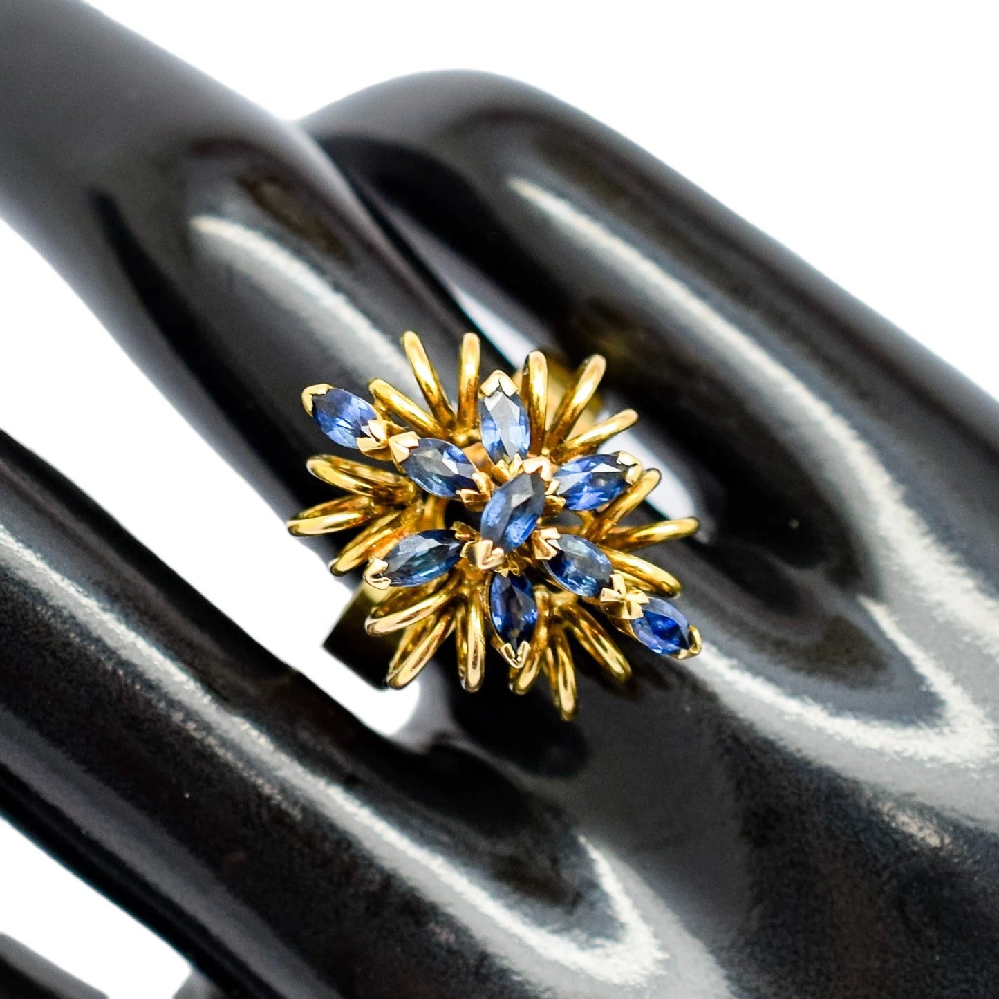Vintage 14ct yellow gold sapphire navette floral cluster statement ring, 6.86g, M ½