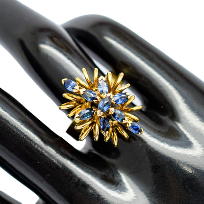 Vintage 14ct yellow gold sapphire navette floral cluster statement ring, 6.86g, M ½