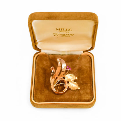 Vintage 1960's boxed Italian Varese 18ct gold floral spray brooch set with pink sapphires