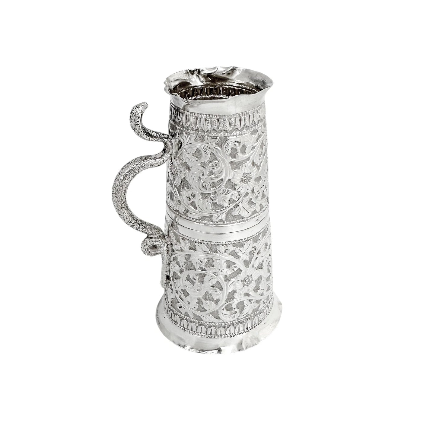 Indian Kutch silver double spirit measure cup with snake handle and flower embossing