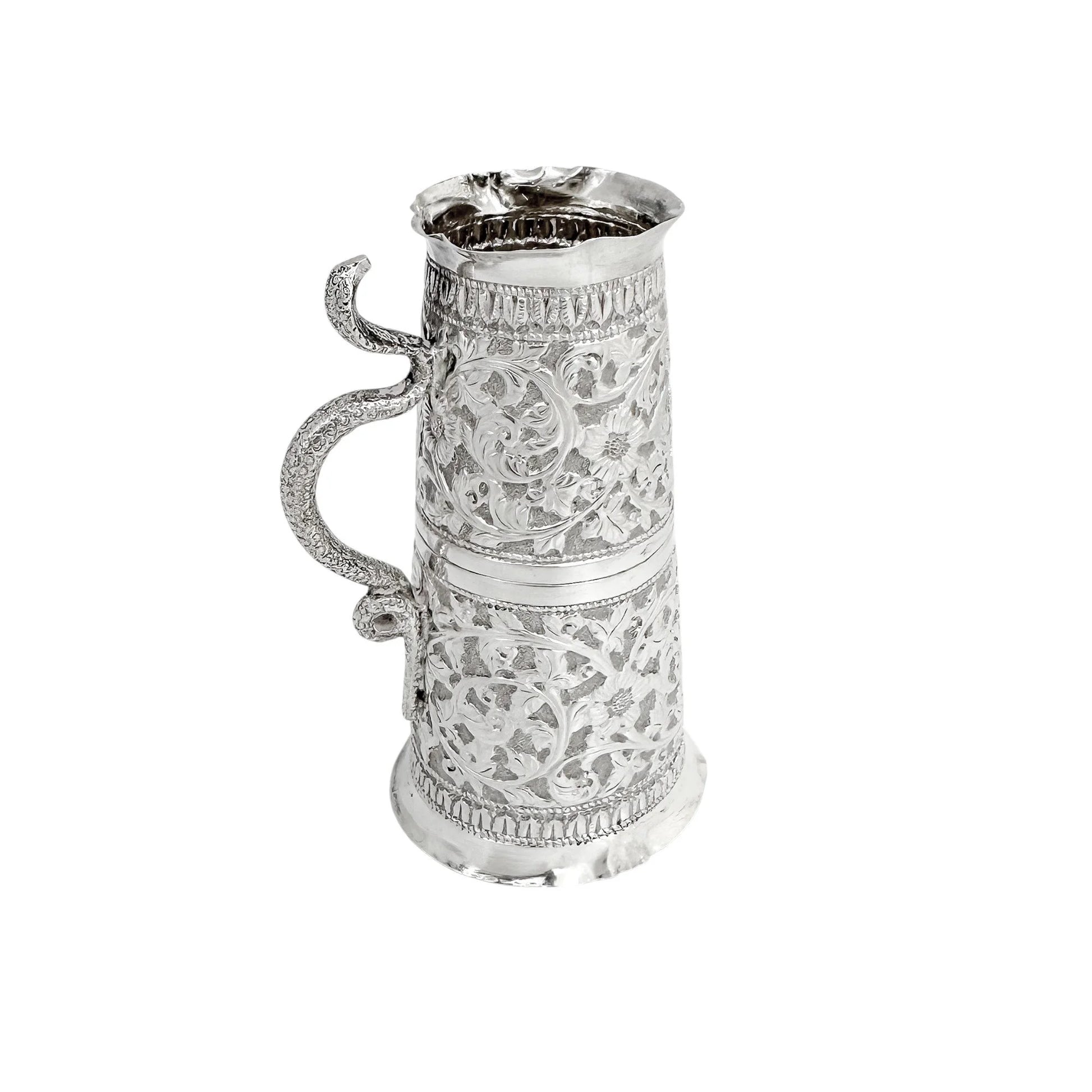 Indian Kutch silver double spirit measure cup with snake handle and flower embossing