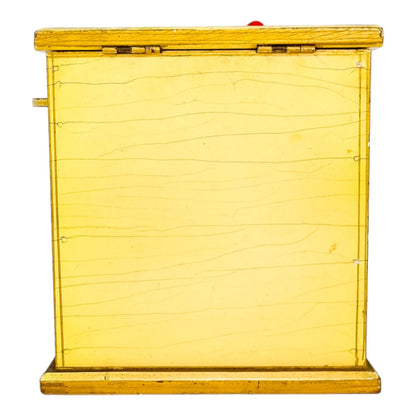 Georgian style rustic painted yellow wood storage box with pull out tray and ladybird