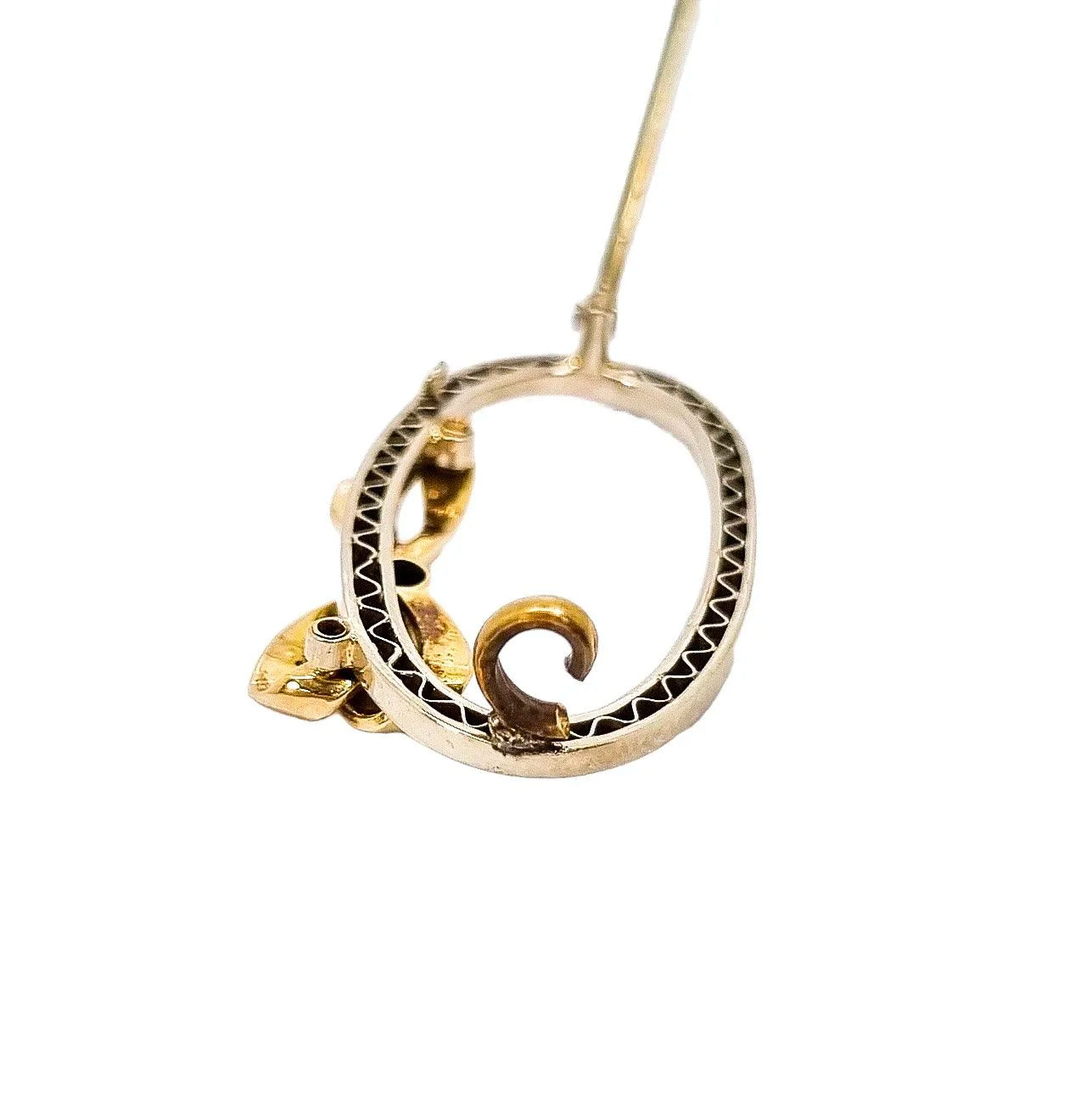 Antique 9ct gold oval openwork brooch with sapphire and seed pearl bow