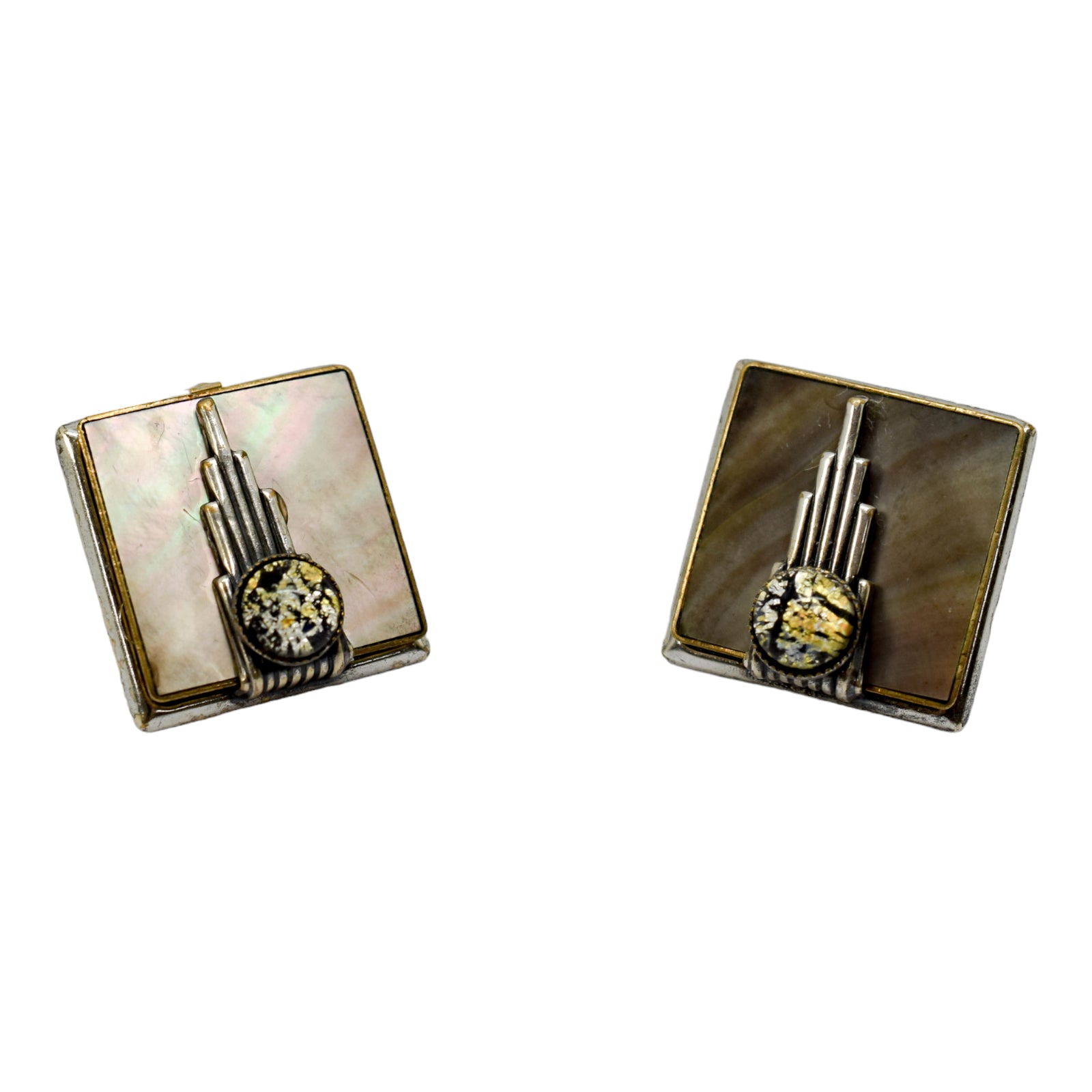 Vintage Ermani Bulatti Art Deco square statement mother-of-pearl ear clips