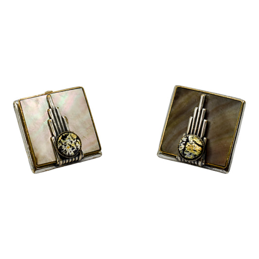 Vintage Ermani Bulatti Art Deco square statement mother-of-pearl ear clips