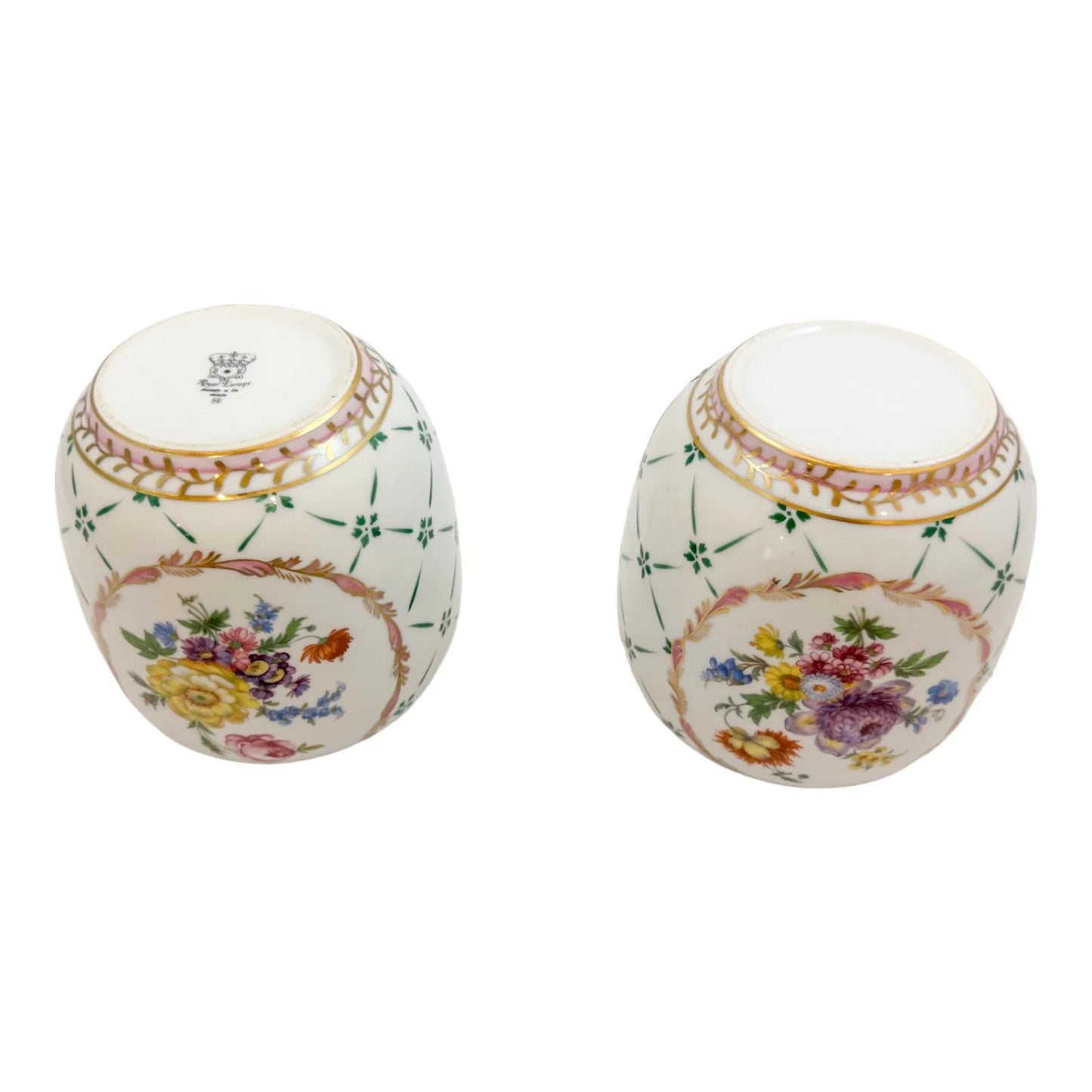 Pair of Royal Europe porcelain ginger jars with moulded lids and hand-painted with flowers