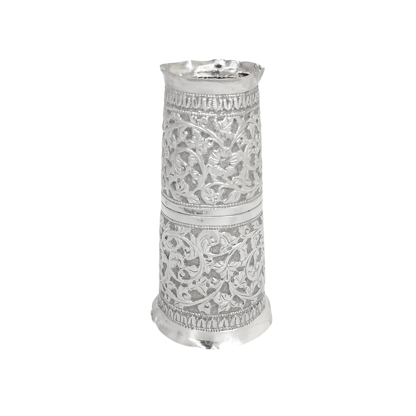 Indian Kutch silver double spirit measure cup with snake handle and flower embossing