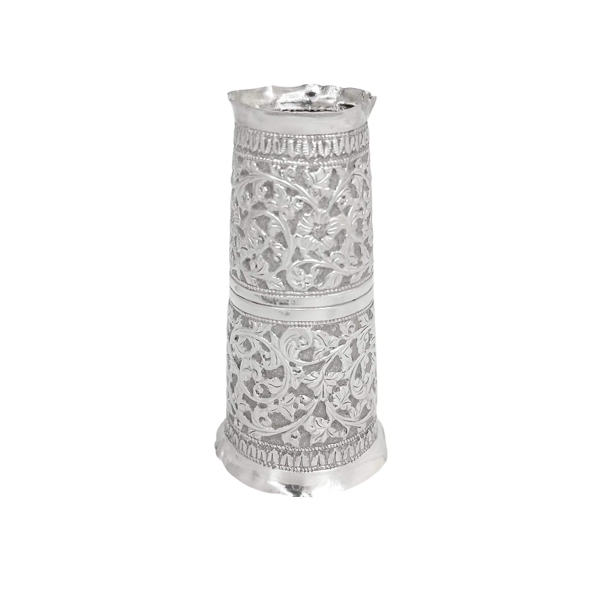 Indian Kutch silver double spirit measure cup with snake handle and flower embossing