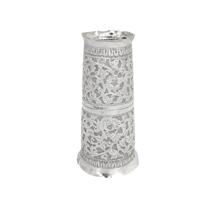 Indian Kutch silver double spirit measure cup with snake handle and flower embossing