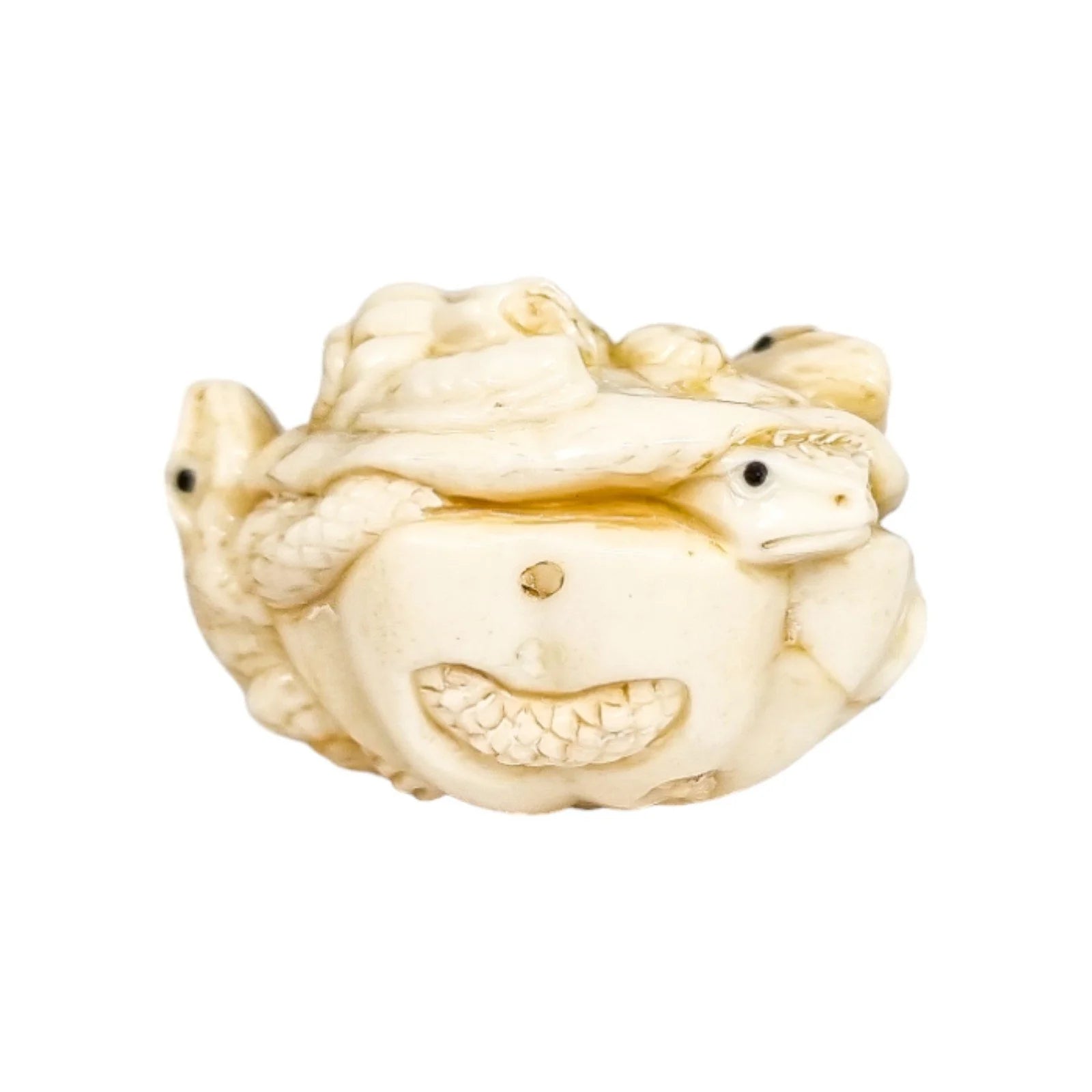 Meiji period Japanese bone signed okimono / netsuke, two toads and snake on pumpkin