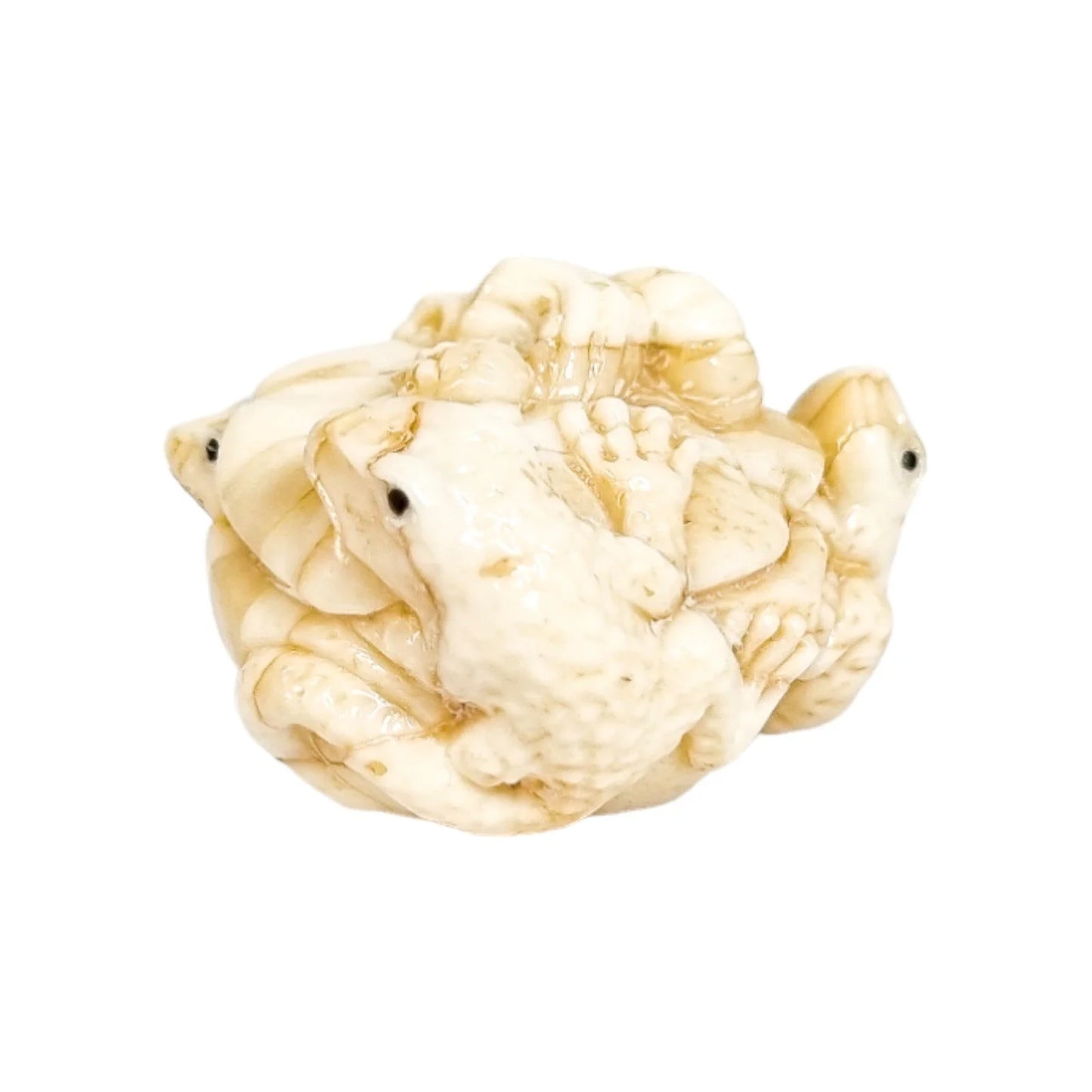 Meiji period Japanese bone signed okimono / netsuke, two toads and snake on pumpkin