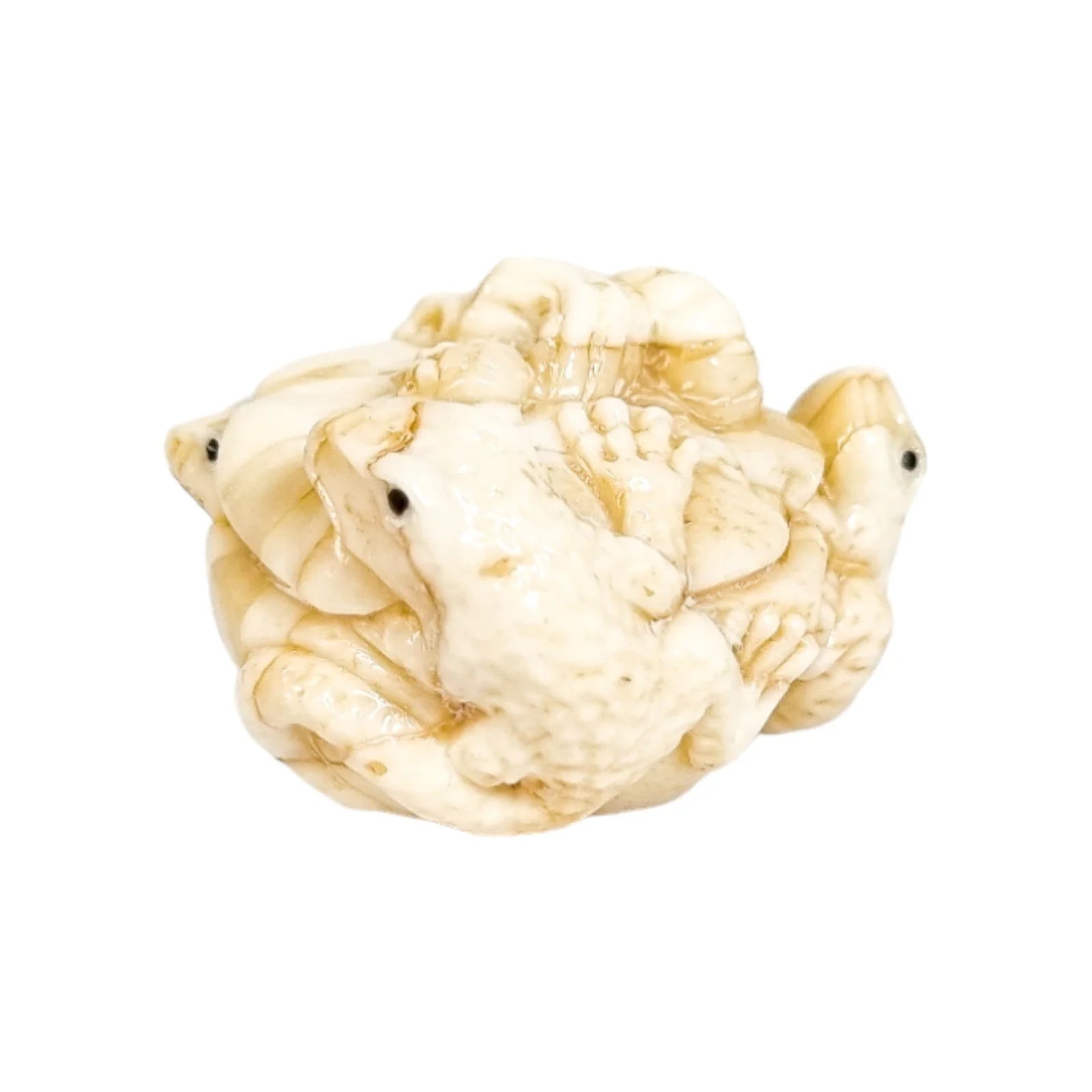 Meiji period Japanese bone signed okimono / netsuke, two toads and snake on pumpkin