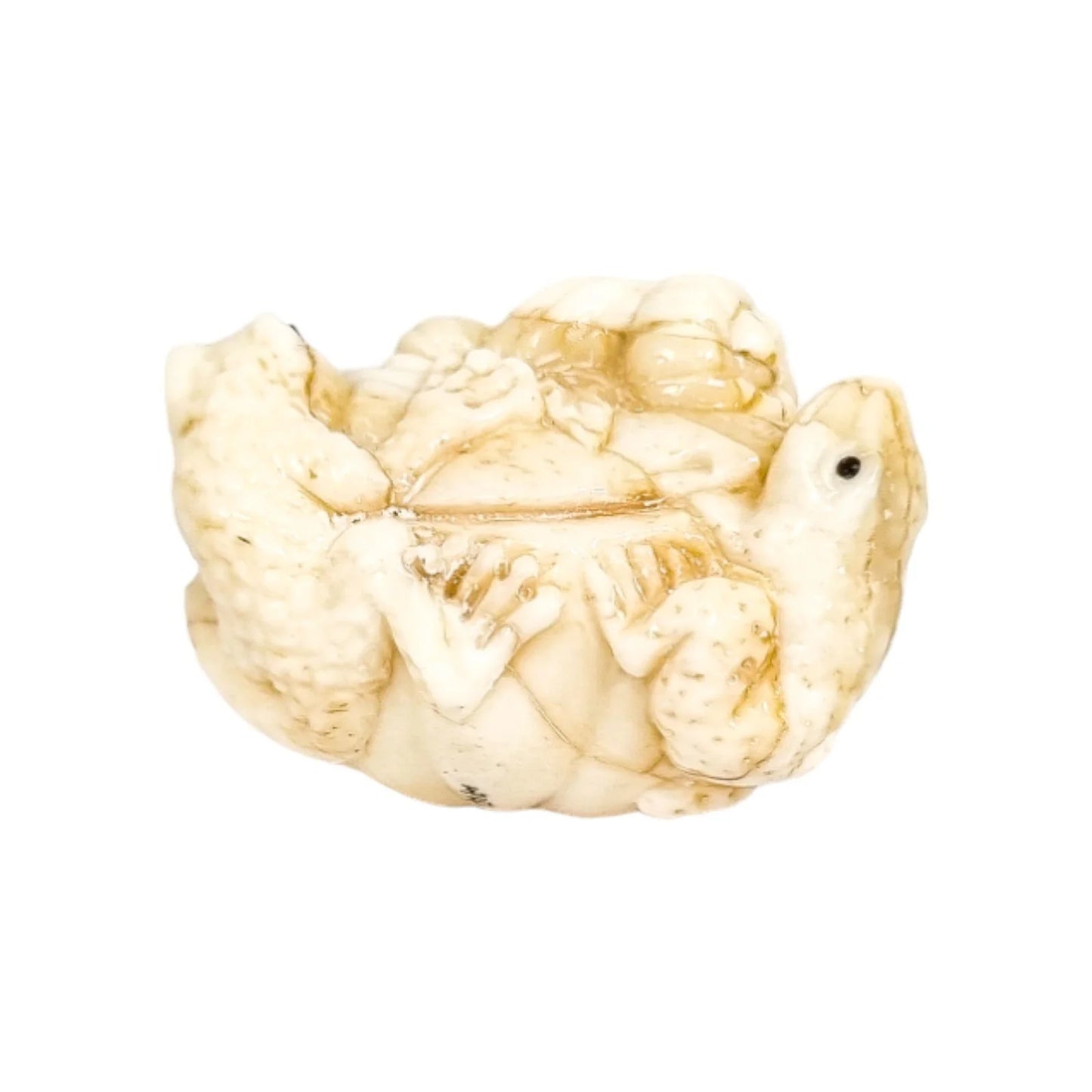 Meiji period Japanese bone signed okimono / netsuke, two toads and snake on pumpkin