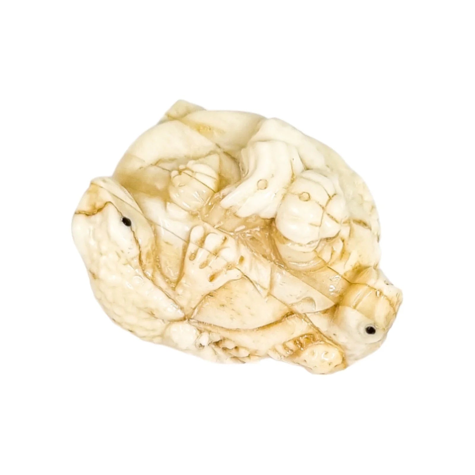 Meiji period Japanese bone signed okimono / netsuke, two toads and snake on pumpkin