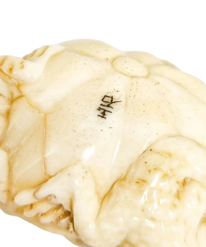 Meiji period Japanese bone signed okimono / netsuke, two toads and snake on pumpkin