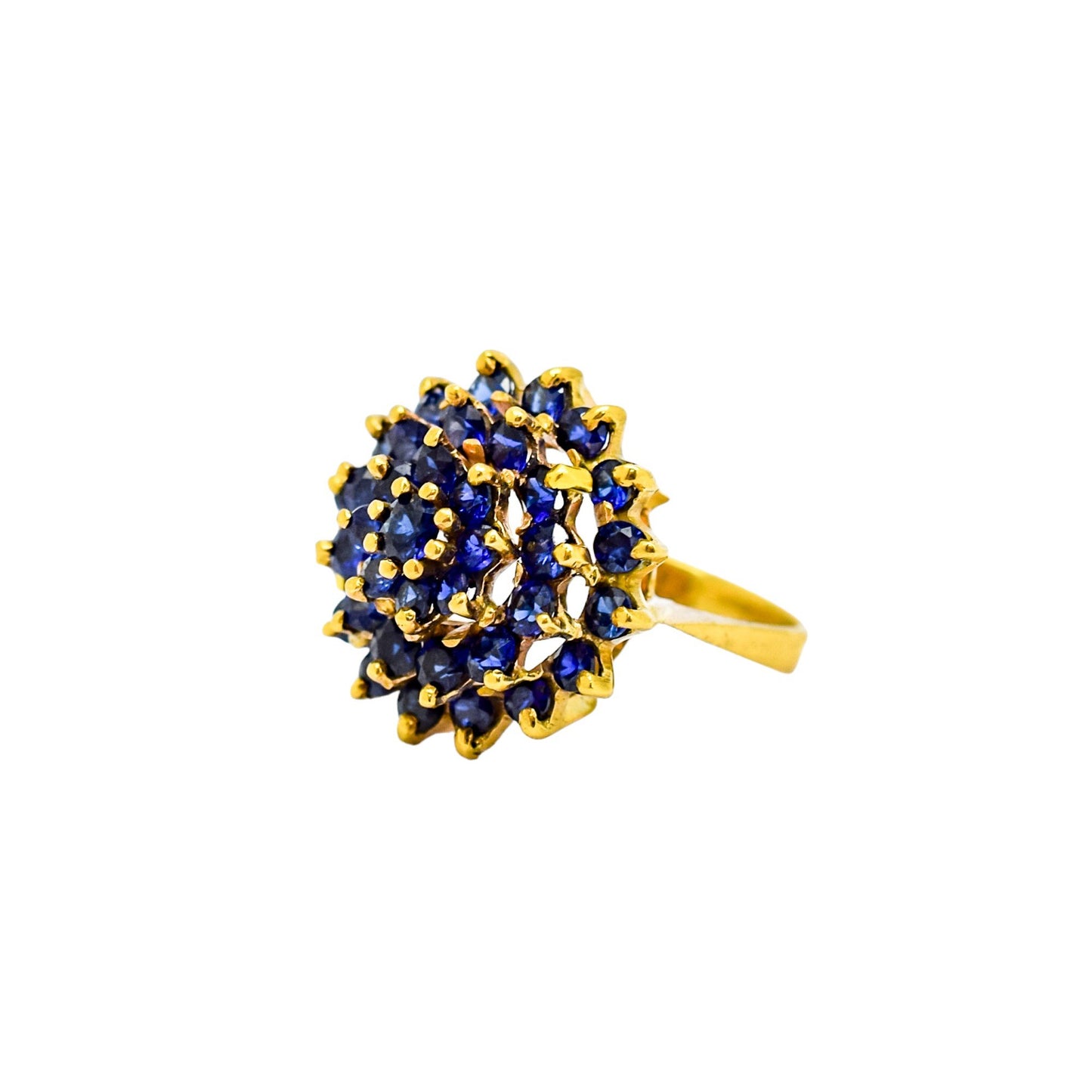 Vintage 9ct yellow gold tiered cluster 37 sapphire statement ring, size L