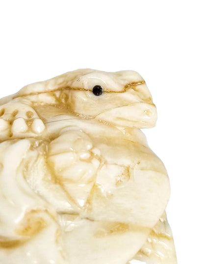 Meiji period Japanese bone signed okimono / netsuke, two toads and snake on pumpkin
