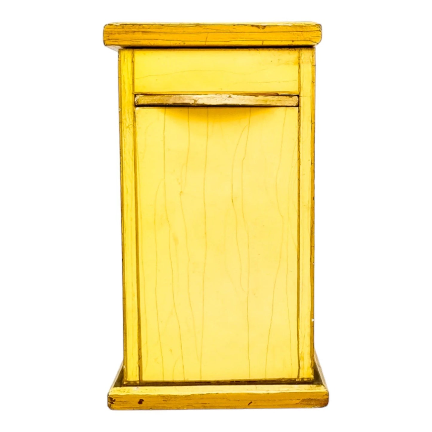 Georgian style rustic painted yellow wood storage box with pull out tray and ladybird