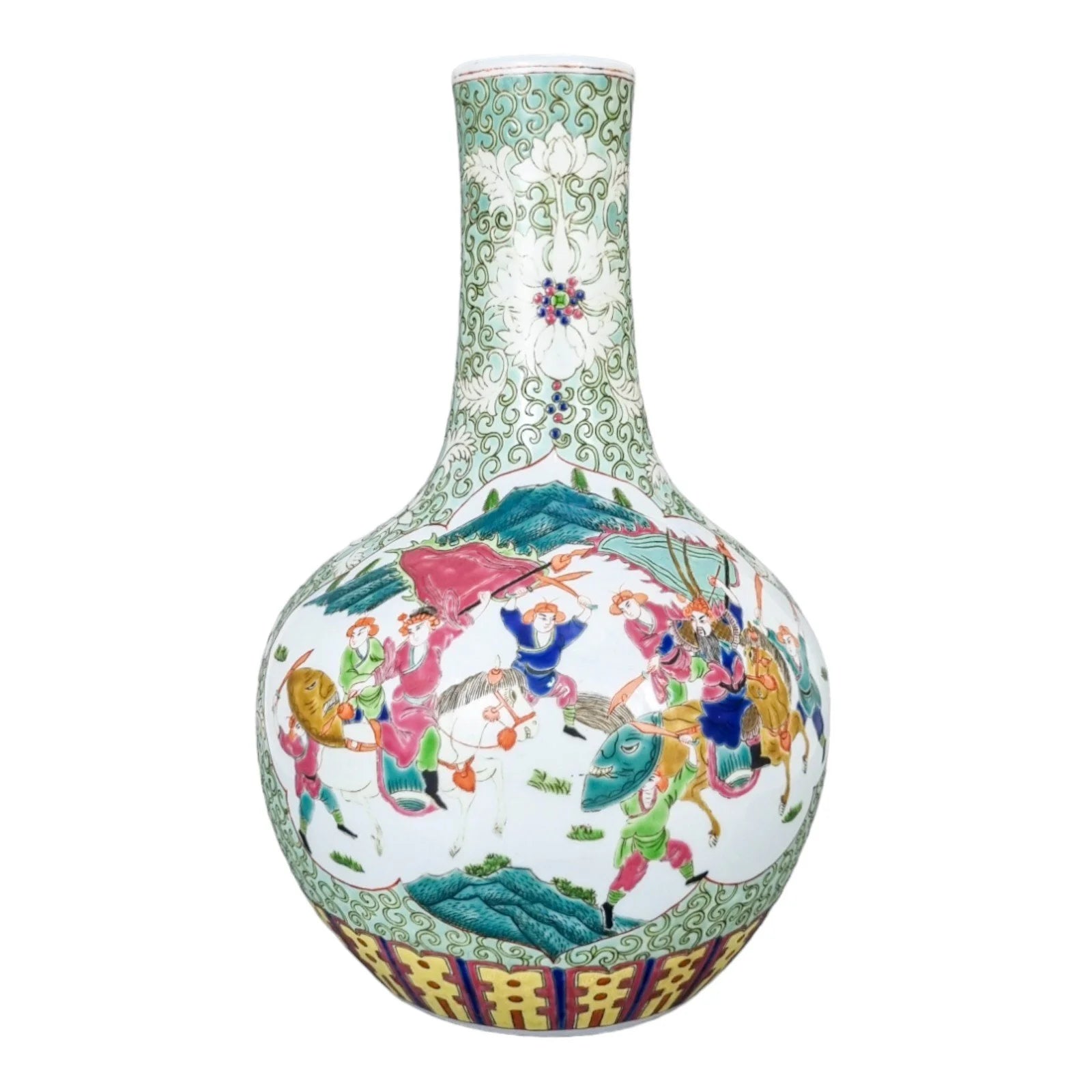Chinese famille rose porcelain Tianqiuping bottle vase with warrior figures