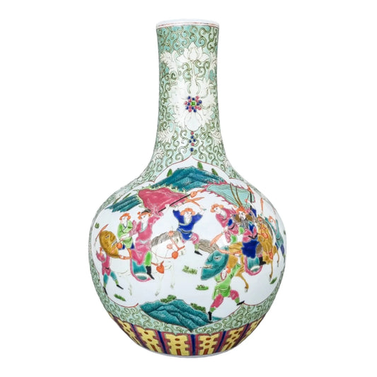 Chinese famille rose porcelain Tianqiuping bottle vase with warrior figures