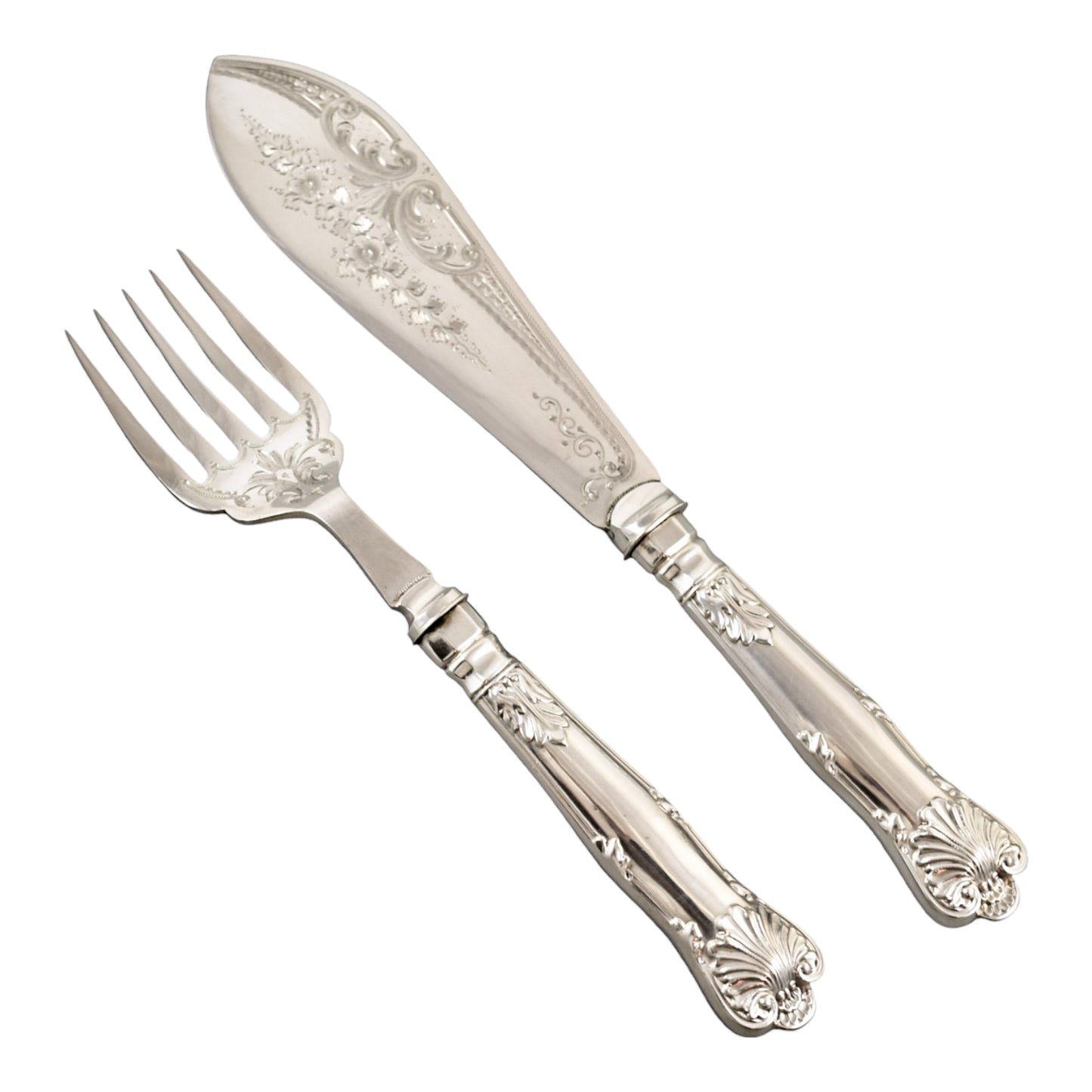 Victorian Queens silver plate 16 piece 6 person fish cutlery set, 4 servers in oak canteen