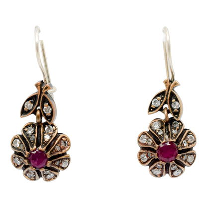 Renaissance style large sterling silver cluster floral drop earrings, ruby and paste