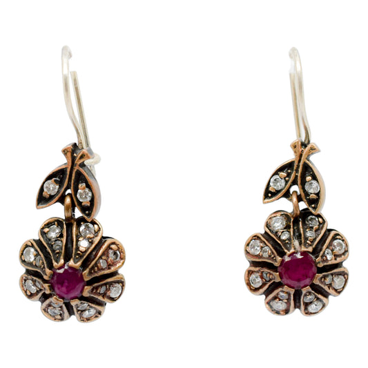 Renaissance style large sterling silver cluster floral drop earrings, ruby and paste