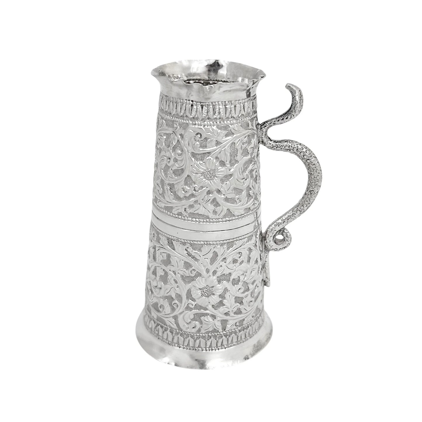 Indian Kutch silver double spirit measure cup with snake handle and flower embossing