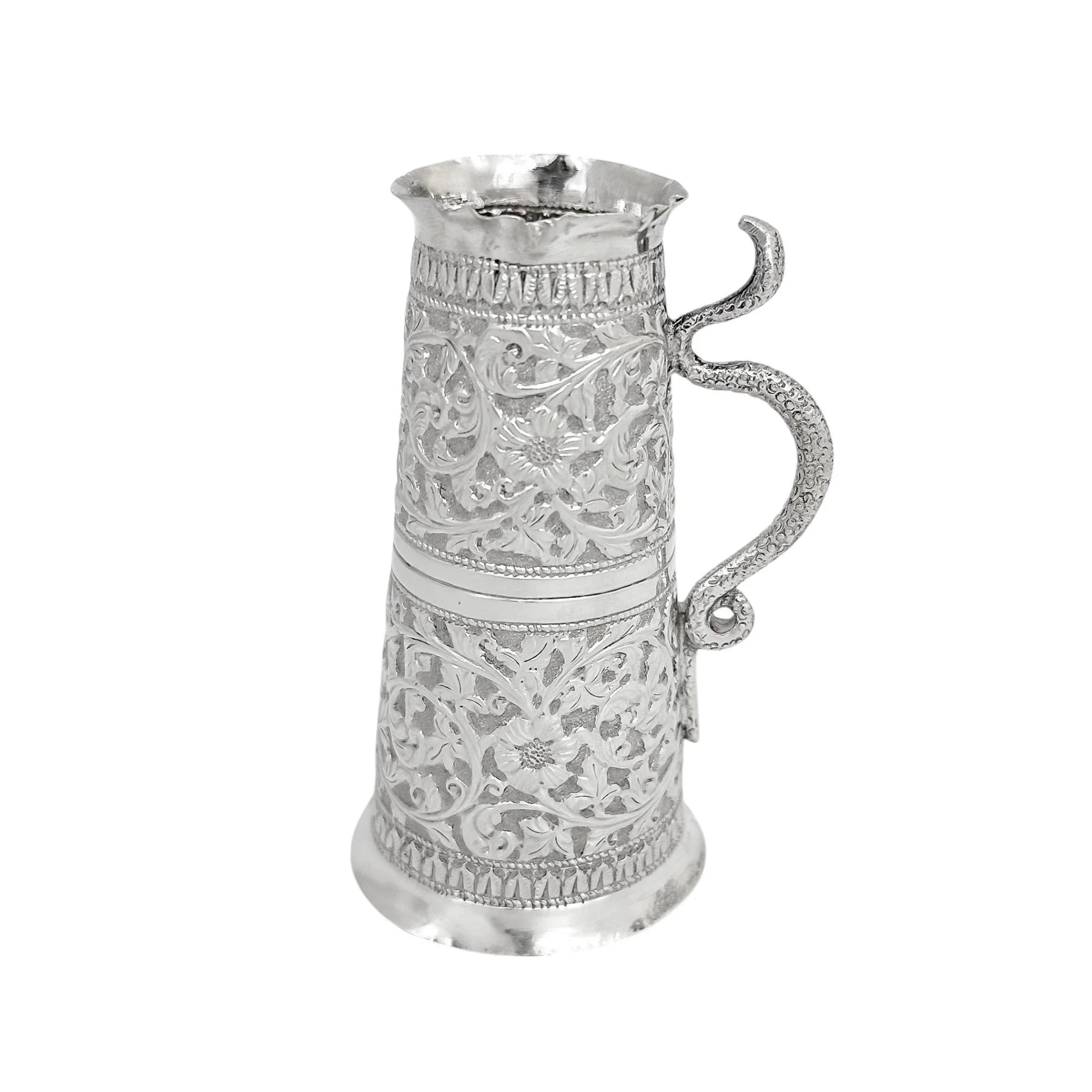 Indian Kutch silver double spirit measure cup with snake handle and flower embossing
