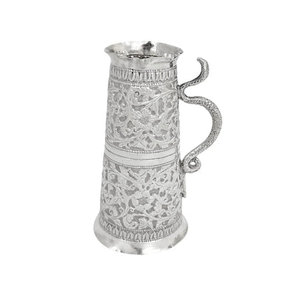 Indian Kutch silver double spirit measure cup with snake handle and flower embossing
