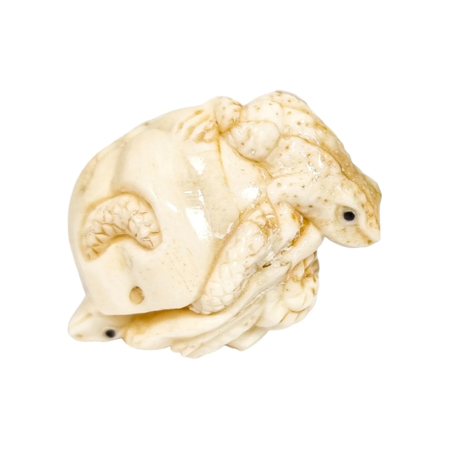 Meiji period Japanese bone signed okimono / netsuke, two toads and snake on pumpkin