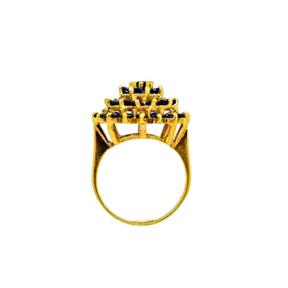 Vintage 9ct yellow gold tiered cluster 37 sapphire statement ring, size L