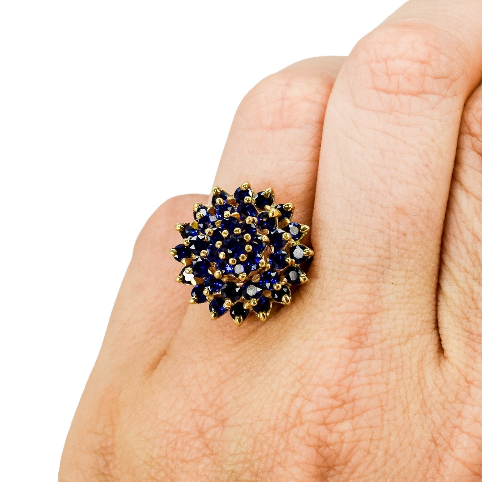 Vintage 9ct yellow gold tiered cluster 37 sapphire statement ring, size L