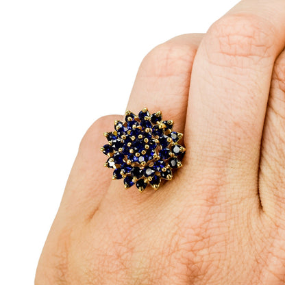 Vintage 9ct yellow gold tiered cluster 37 sapphire statement ring, size L